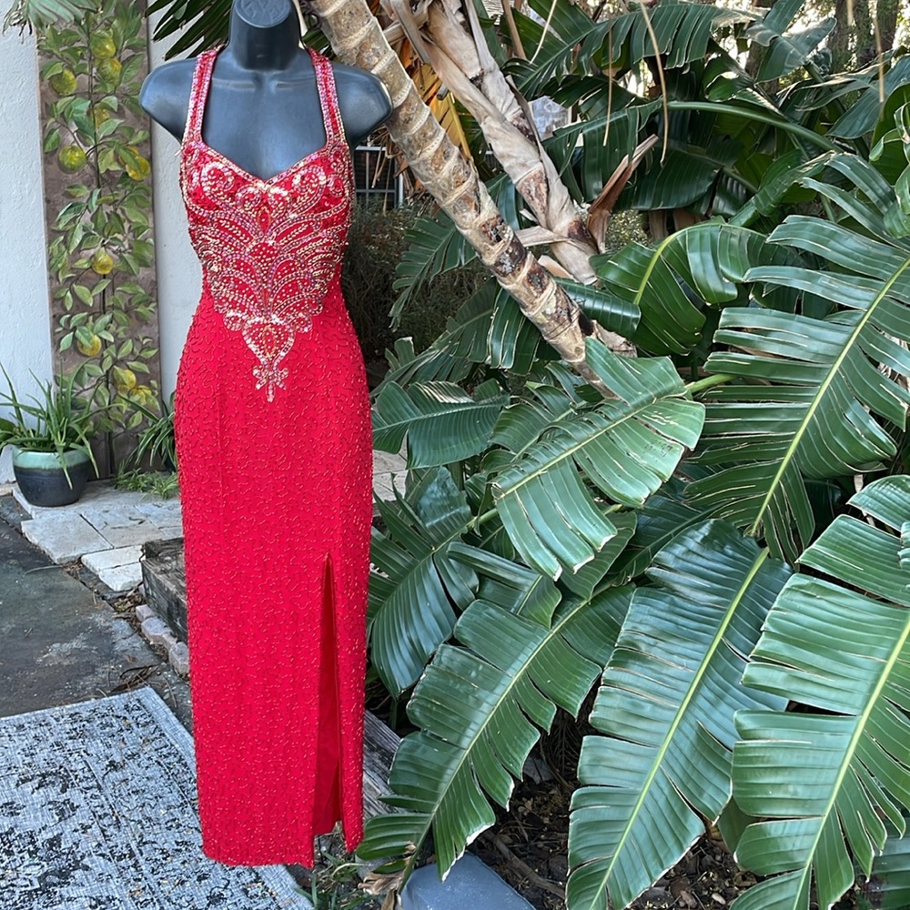 Alyce Designs beaded and sequin gown with front slit